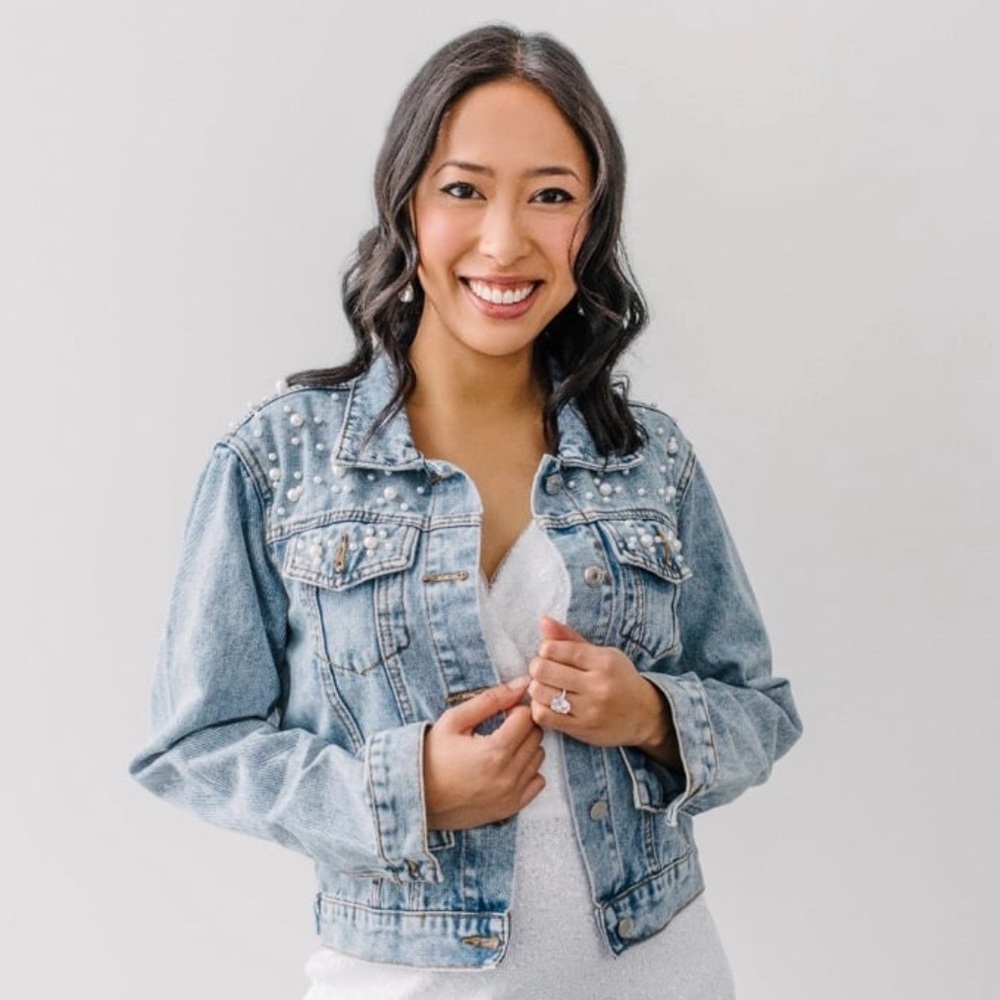 Personalized White-Script Denim Jacket with Pearl… - image 5